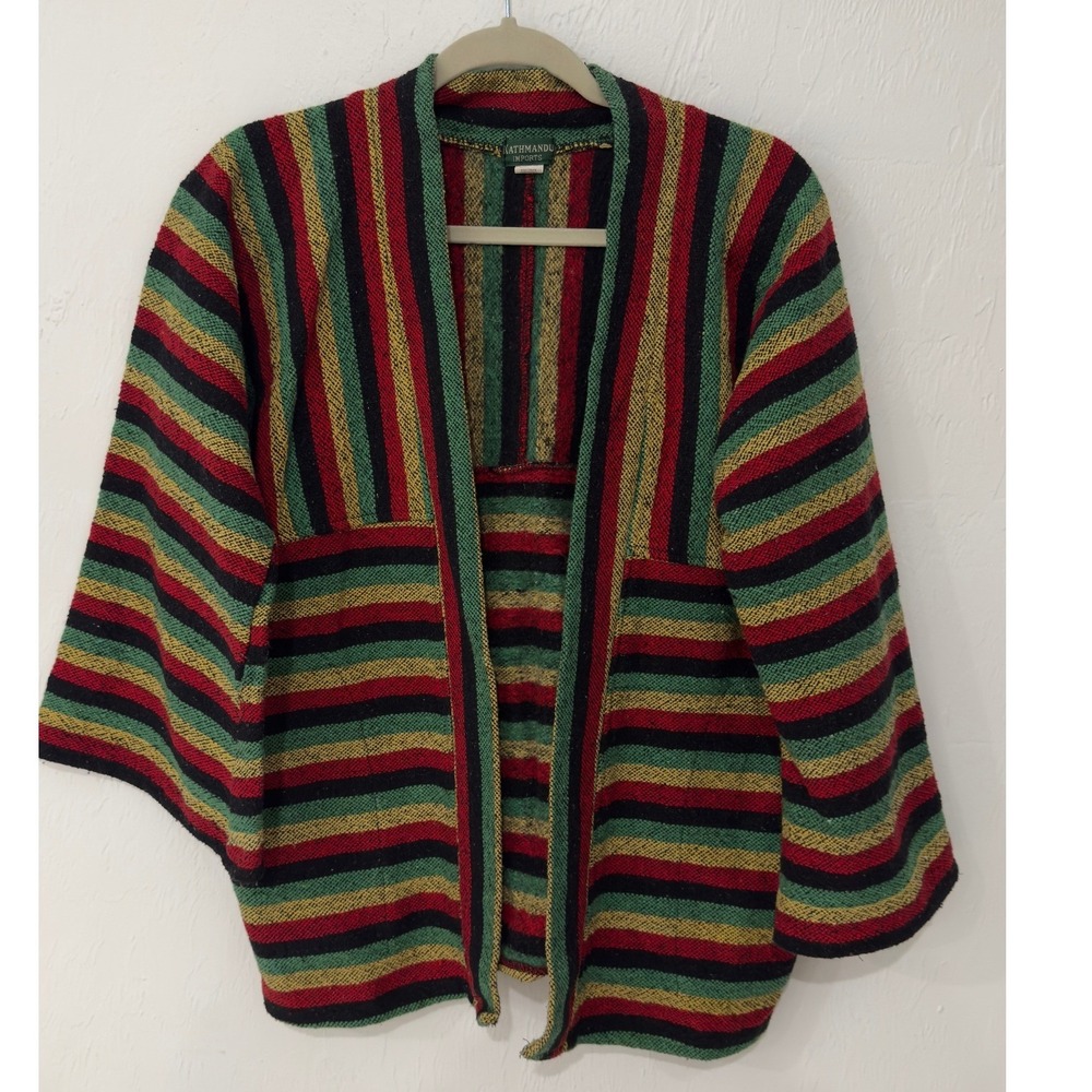 Kathmandu Imports Striped Cotton‎ Cardigan Jacket Red Green Yellow Black Nepal - Picture 3 of 7